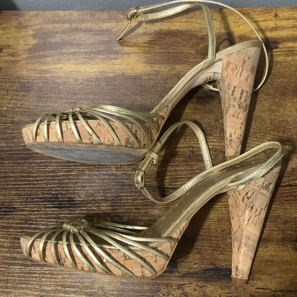 BCBGirls Metallic Gold Strappy Open Toe Heels Size 8.5 - Picture 8 of 8
